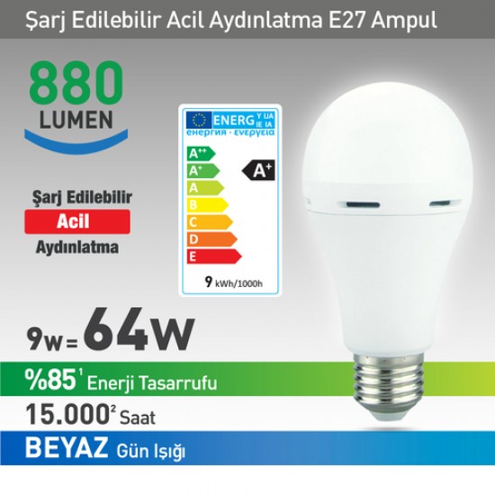 NextLED Şarjlı Led Ampul E27 9W Beyaz