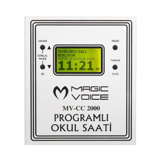 Magicvoice MV-CC2000 USB Duvar Tipi Programlı 20 Adet MP3 Formatı Zil / İstiklal Marşlı Akıllı Dijital Okul Saati (Çan Takılabilir)