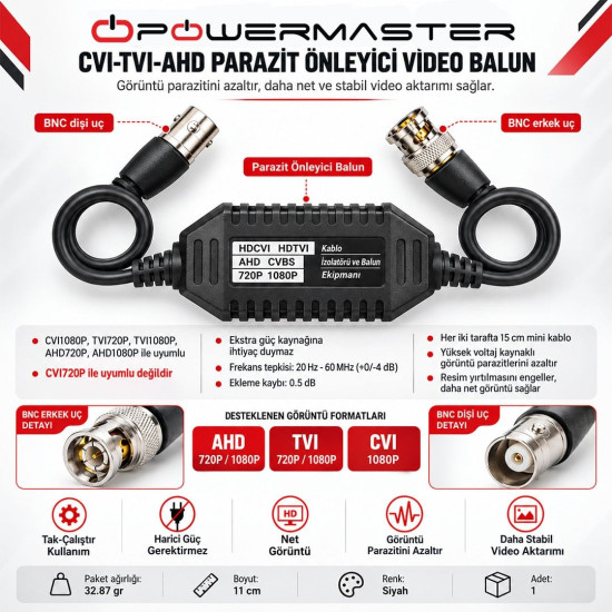 Powermaster CVI-TVI-AHD Parazit Önleyici Video Balun