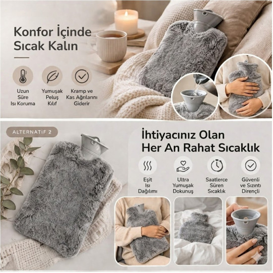 Sunup SN-29909 Peluş Kılıflı Yumuşak Dokulu 30 Cm 2000 Ml Kapasiteli Sıcak Su Torbası